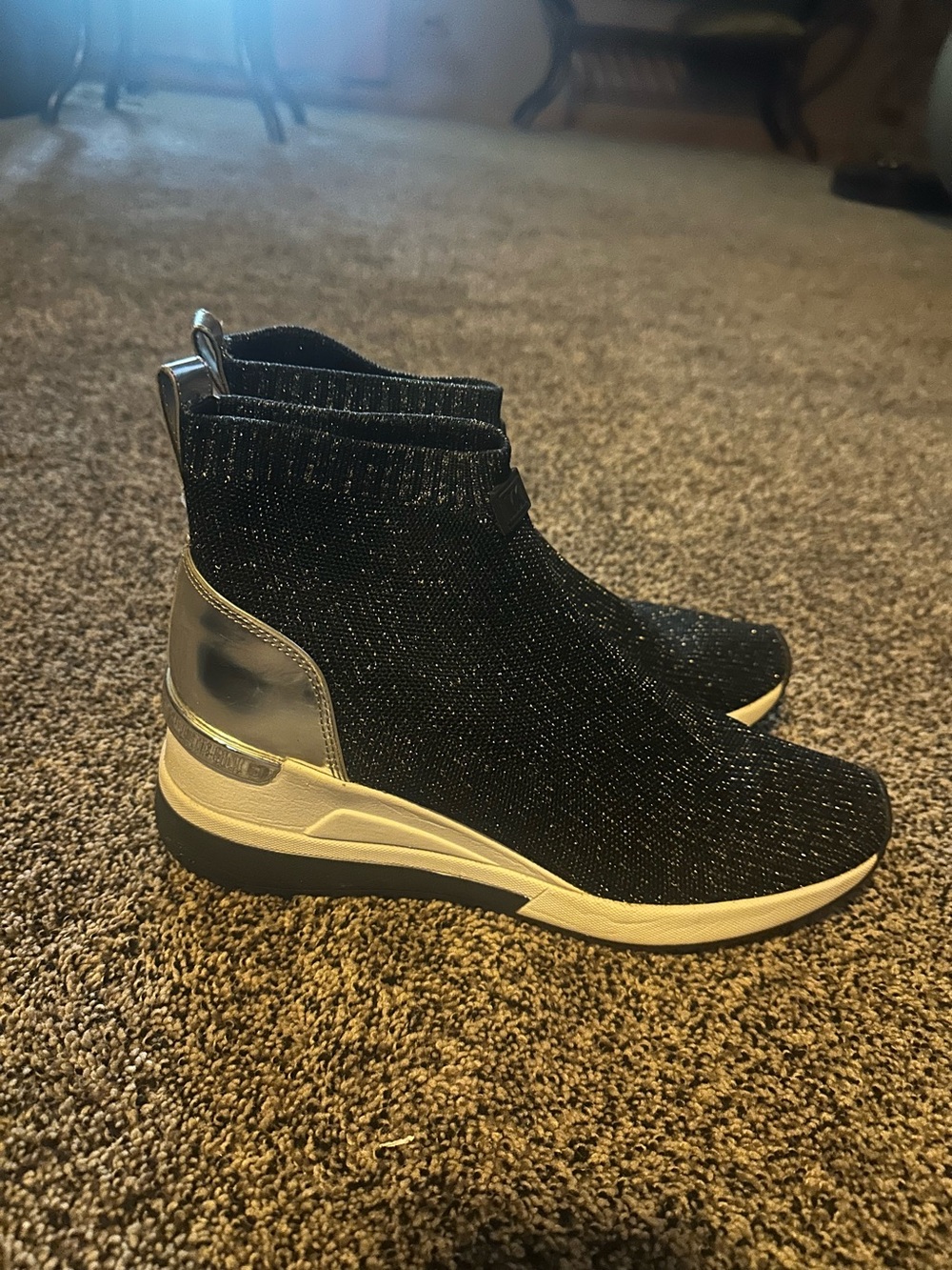 Michael Kors Black Sparkle Knit Slip-On Wedge Sneakers with Silver Accent